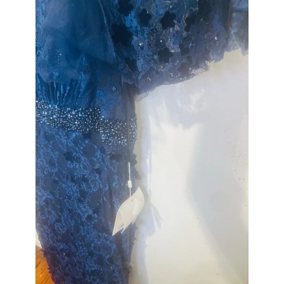 MAC DUGGAL 67712 Dark Blue Beaded Floral Lace Cape Short Sleeve Dress Size 16 - Picture 6 of 9